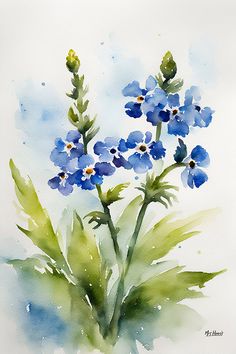 watercolor painting of blue flowers with green leaves