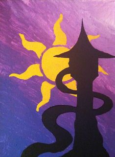 a painting of a tower with a sun in the middle and purple sky behind it