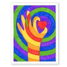 a colorful painting with a hand holding a heart