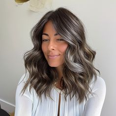 Silver Flair in Deep Espresso Waves Hairstyles To Hide Gray Hair, Best Hair Colours To Hide Grey, Face Framing Silver Highlights On Dark Hair, Hair Color Ideas For Brunettes To Blend Grey, Brunette Grey Blending Highlights, Highlights For Greying Hair Brunettes, Brunette Silver Balayage, Grey Blending Dark Hair, Smokey Brunette