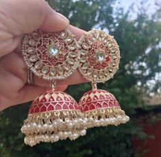 Lovely pair of statement jumkas available in colours grey and red. Please let me know colour.  Please take a look at my other items  Free delivery. Luxury Traditional Ruby Jhumkas, Red Earrings Indian, Elegant Red Jhumkas With Cutdana, Elegant Red Cutdana Jhumkas, Red Meenakari Elegant Jhumkas, Elegant Red Meenakari Jhumkas, Red Bollywood Danglers, Red Jhumkas With Tilla Detail, Festive Red Jhumkas