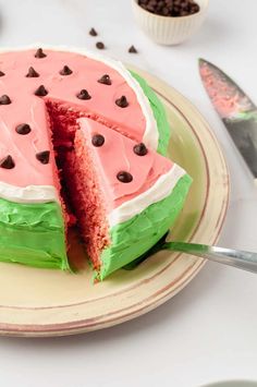 a watermelon cake with chocolate chips on top