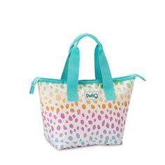 a colorful polka dot tote bag on a white background