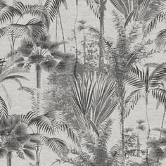 a black and white wallpaper with palm trees