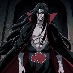 an anime character with long black hair and red cape standing in front of a doorway