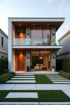 a modern house with grass in the front yard and stairs leading up to the second floor