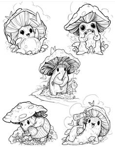 four different drawings of mushrooms and toades in black and white, each with their own face