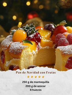 a cake covered in powdered sugar with fruit toppings on the top and bottom