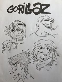 an image of some cartoon characters drawn in black and white paper with the word gorillaz on