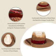 Dakota is distinguished by its exquisite tie-dye design that blends warm earthy tones reminiscent of a desert sunset. Each hat is meticulously handcrafted, ensuring a unique piece every time. The vibrant red band, adorned with natural beads and a delicately designed feather, adds a touch of bohemian flair and cultural richness. Whether you're at a music festival or enjoying a day out, this hat will elevate your style and make a bold statement. Embrace your adventurous spirit and unique individuality with the Dakota Sunset Fedora. Australian wool felt Hand-embroidered star signature Unique tie-dye technique with vintage charm Bohemian style patchwork lining Package includes two (free) size reducers to achieve a perfect fit (valued at $10) Multicolor Western Fedora With Curved Brim, Artisan Brown Hats With Curved Brim, Artisan Brown Fedora With Curved Brim, Southwestern Brown Felt Hat With Curved Brim, Brown Southwestern Felt Hat With Curved Brim, Artisan Brown Fedora With Flat Brim, Artisan Brown Fedora Felt Hat, Artisan Multicolor Brimmed Fedora, Handmade Brown Artisan Fedora