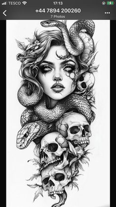 a drawing of a woman with skulls and snakes on her face, in the background is a