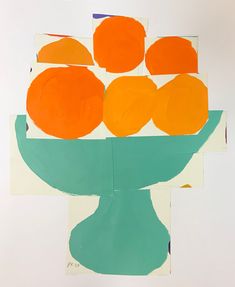 an abstract painting with oranges in a green bowl