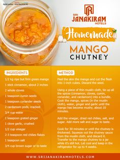 an advertisement for jamariram hotel's homemade mango chutney, with information about the ingredients