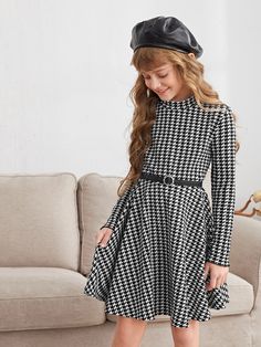 Black and White Dressy  Long Sleeve Polyester Houndstooth Fit and Flare Embellished Slight Stretch Spring/Fall Girls Clothing Formal Dresses Knee Length, Ribbed Knit Bodycon Dress, Girls Maxi Dresses, Short Bodycon Dress, Girls Fall Outfits, Mock Neck Dress