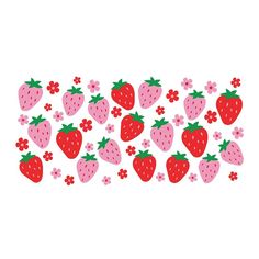 a bunch of strawberries on a white background with pink flowers and green leaves around them