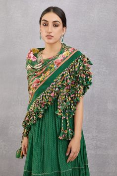 Buy Green Panna Roshey Scarf by Torani Online at Aza Fashions. Stoles And Scarves, Garba Dress, Silk Saree Blouse Designs, Blouse Designs Silk, Women Dresses Classy, Scarf Accessories, Silk Saree Blouse, Green Scarf, Designer Party Wear Dresses