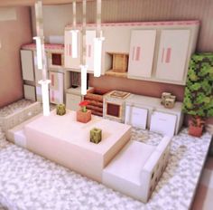 a small kitchen is shown in this minecraft style scene, with white cabinets and pink counter tops