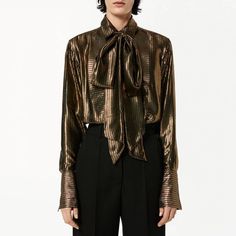 Add A Touch Of Elegance To Your Wardrobe With This Stunning Victoria Beckham Top. The Blouse Features A Beautiful Metallic Gold And Black Color Combination That Is Sure To Turn Heads. The Long Sleeves And Bow Accent Add A Classic Touch To The Blouse, Making It Perfect For Any Occasion. Crafted From High-Quality Materials, This Blouse Is Designed To Last. The Top Is A Regular Fit And Is Available In Size Us 4 Uk 8. The Blouse Is Perfect For Any Fashion-Conscious Woman Who Wants To Add A Touch Of Modern Lingerie, Black Color Combination, Bow Tie Blouse, Blouse Nordstrom, Bow Blouse, Tie Blouse, Black Bow, Custom Dresses, Striped Blouse