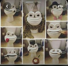 a series of photos showing different faces on toilet