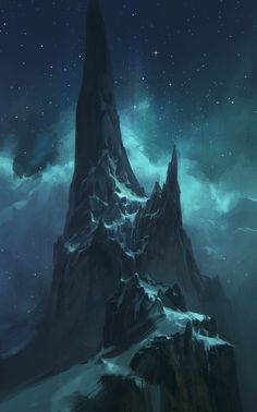 an artistic painting of a mountain at night with stars in the sky and clouds above it