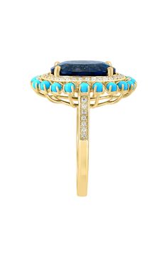 Show off sparkling color with this 14-karat gold ring centered by a London blue topaz, framed by turquoise cabochons and accented by dainty pavé diamonds. 3/4" ring face Total London blue topaz and turquoise weight: 7.0ct. Total diamond weight: 0.17ct. 14k gold/London blue topaz/turquoise/diamond Made in the USA Diamond Guide Turquoise Blue Diamond Ring With Center Stone, Fine Jewelry Turquoise Sapphire Ring With Accent Stones, Turquoise Sapphire Ring With Accent Stones, Blue Turquoise Ring With Halo Setting For Anniversary, Formal 14k Gold Turquoise Blue Ring, Blue Multi-stone Birthstone Ring In 14k Gold, Blue Multi-stone 14k Gold Birthstone Ring, 14k Gold Blue Multi-stone Birthstone Ring, Formal Blue Turquoise Ring With Accent Stones