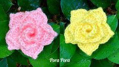 two crocheted flowers sitting next to each other on top of some green leaves