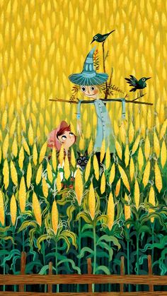 a painting of two people in a corn field with birds on their heads and one holding a stick