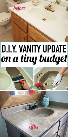 the before and after pictures of a bathroom remodel on a tiny budget with text overlay that reads diy vanity update on a tiny budget