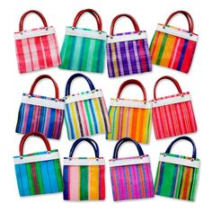 many different colored bags with handles and handles