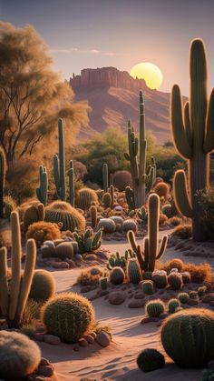 a desert scene with cacti and mountains in the background