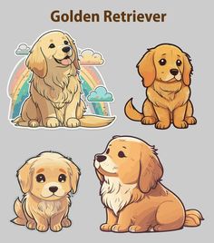 Set of Golden Retriever sticker design Golden Retriever Images, Dog Illustration Golden Retriever, Chibi Golden Retriever, Golden Retriever Character Design, Golden Retriever Puppy Drawing, Kawaii Golden Retriever, Golden Retriever Sketch, Golden Retriever Doodle, Golden Drawing