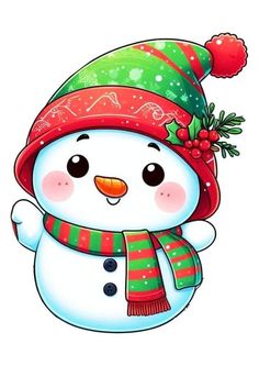 a snowman wearing a green and red hat with a scarf around it's neck