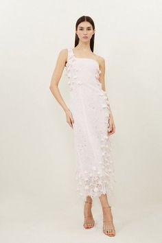 Lace Petal Applique Woven One Strap Maxi Dress | Karen Millen Spring Gala Midi Dress With Lace Trim, Spring One-shoulder Midi Dress For Wedding Guest, Lace Trim Dress For Gala In Spring, Spring Gala Lace Dress With Lace Trim, One Shoulder Midi Dress For Spring Wedding Guest, Feminine One-shoulder Midi Dress For Wedding, Elegant Spring Lace Dress With Straight Neckline, Spring Lace Midi Dress For Gala, Spring Gala Lace Midi Dress