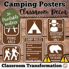 the camping posters for classroom decor are on wooden planks and include information about how to use