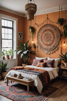 a bedroom with an orange wall and hanging plants on the wall above the bed, along with potted plants