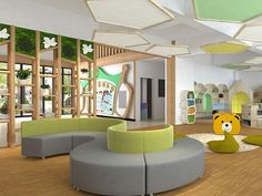 the interior of a children's playroom with lots of furniture