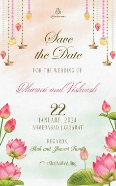 wedding card with watercolor lotus flowers and chandelier on the background, save the date