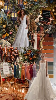 a collage of photos with people dressed in wedding gowns and other things on display