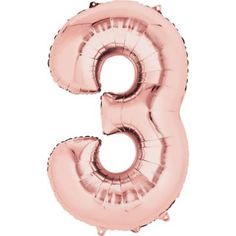 the number 3 is made out of pink foil and has a large balloon in the shape of an eight