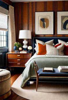 a bedroom with wood paneled walls and artwork on the wall, along with a bed