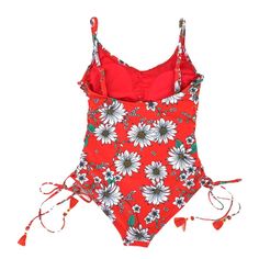 Jessica Simpson Floral Print One Piece Women's Swimsuit -New with Tag -Brand: Jessica Simpson -Color: Red/Floral Print -Size: S -Material: Shell: 84%Polyester/16%Spandex -Lining: 100%Polyester -Ties at Sides with Tassel Trim -Removable Soft Cups -Shoulder Straps -Adjustable Straps -Pull-On Closure -Made in China Red Floral Summer Swimwear, Red Floral Print Summer Swimwear, Red Floral Print Swimwear For Pool, Red Floral Print Sleeveless Swimwear, Red Lined Swimwear For Beach Season, Red Sleeveless Swimwear For Holiday, Lined Red Swimwear For Beach Season, Red Lined Swimwear For Spring, Red Lined Swimwear For Vacation