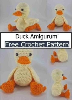 crocheted duck amigurmi pattern with four different pictures to make it look like they are sitting on the ground