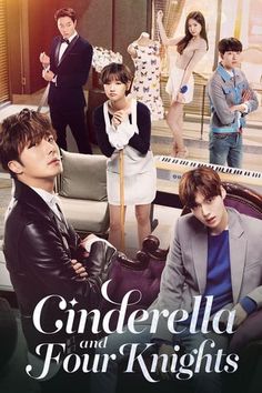 the poster for cinderella and the four knights shows young men in suits, standing around a couch