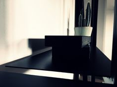 a black shelf with a potted plant on it in front of a mirror and light coming through the window