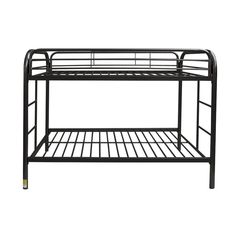 a black metal bunk bed frame with no mattresses on top and bottom shelf below