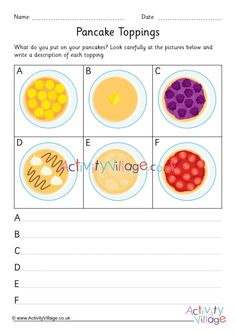 worksheet with pictures of pancakes and other foods