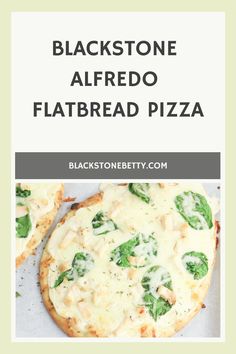 black stone alfredo flatbread pizza with cheese and spinach on it, in front of a white background