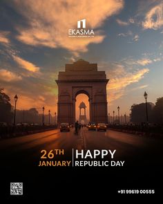 an advertisement for happy republic day with people walking on the street and cars driving down the road