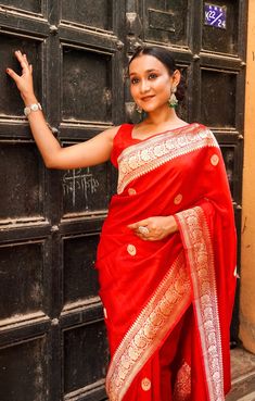 The  Chic Tale brings you yet another stylish , elegant and timeless piece from our master weavers in Banaras. Adorn this Pure Katan silk by Mashru  Silk saree in soft and elegant red color with gold zari chand sitara booties .... beautiful to the core and something timeless .  Luxurious silk fabric with softness and sheen just remarkable. Border is just remarkable with pure Mashru silk .And kaduwa booties in the body making it a must have  Photos don't do justice .. this saree is just... glamorous  Comes with fall/ Pico / tassels and a blouse piece. Saree comes in a beautiful saree cotton bag. Note: Colors that show up on your screen may vary slightly from the actual product due to variations in settings. Also, the actual product may appear to be different hues depending on the ambience l Katan Silk, Body Design, Elegant Red, Inspirational Celebrities, Beautiful Saree, Blouse Dress, The Chic, Blouse Piece, Silk Fabric