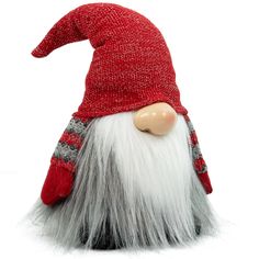 a red and white gnome's head wearing a knitted hat with long hair